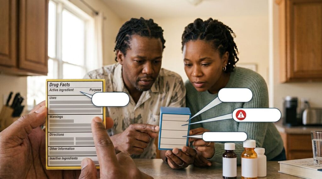 A close-up photograph of a hand holding a detailed yellow 'Drug Facts' medicine information card. Behind a counter, a Black man with twists holds a small blue and white medicine box, pointing to its 'Drug Facts' label, while a Black woman with twists watches. 