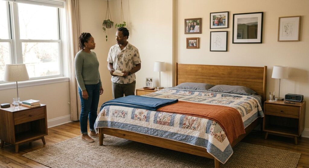 A young Black couple stands talking at the foot of their wooden bed in a cozy, sunlit bedroom. She wears a teal sweater, and he is holding books and wearing a patterned short-sleeved shirt. Behind them, there are large windows, framed family photos and artwork on the wall, and two nightstands with lamps.